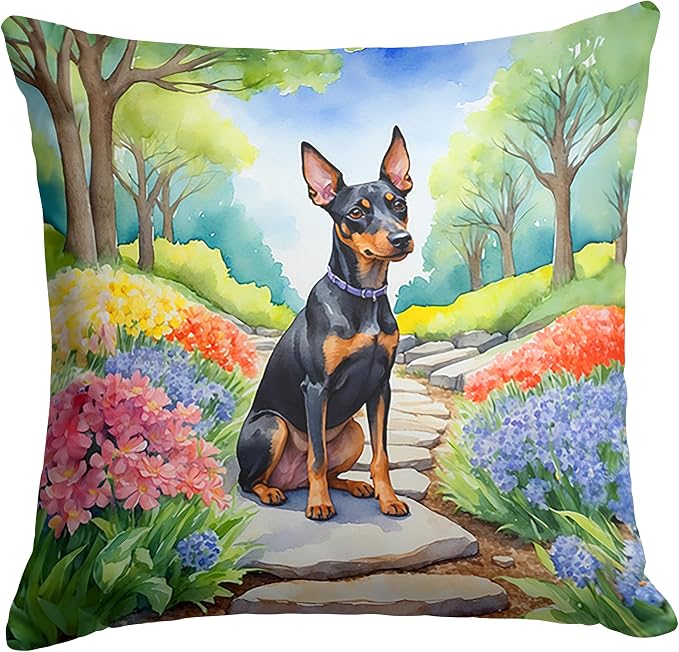 Caroline's Treasures Manchester Terrier Spring Path Throw Pillow Machine Washable, Indoor Outdoor Decorative Pillow for Couch, Bed or Patio, 14Hx14W