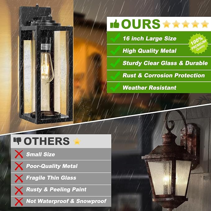 FILIYANO Large Dusk to Dawn Outdoor Wall Lights, 16 Inch, Modern, 2 Pack | Anti-Rust, Waterproof, Matte Black Exterior Fixture with Photocell, Farmhouse Wall Sconces for Garage, Porch, Front Door, E26