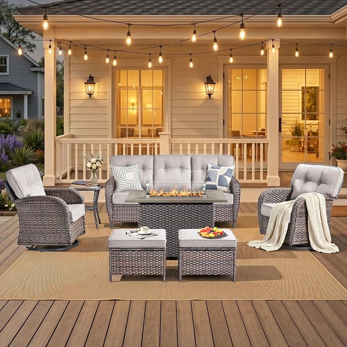7 PCS Patio Furniture Set with Fire Pit Table, Outdoor Sectional Sofa Couch with Rocking Swivel Chairs 5" Deep Seat Chairs, Modern Wicker Rattan Conversation Set, Beige/Brown Wicker