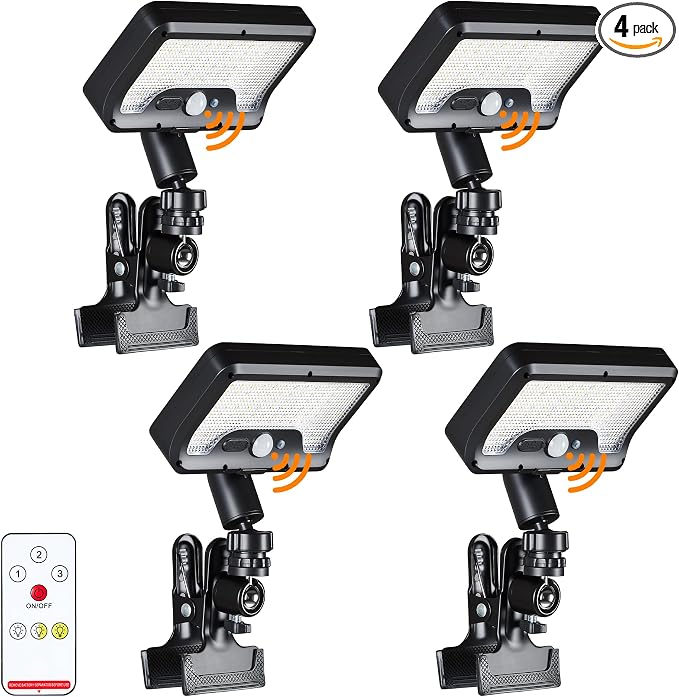 4PK Metal Clip on Solar Gutter Lights with Motion Sensor 600LM, Security Lights, Waterproof Outdoor Solar Lights for Fence, Deck, Patio, Garage, Camping