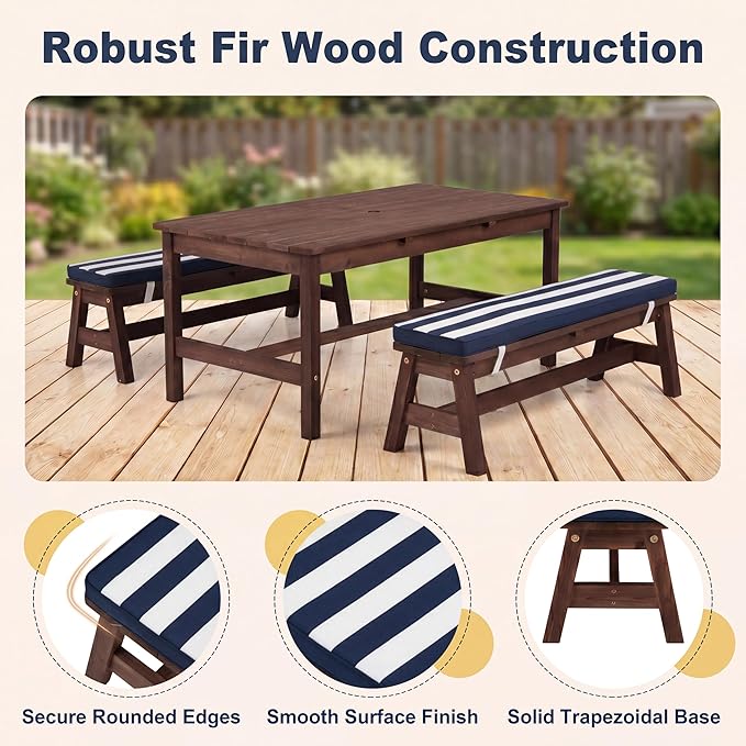 HONEY JOY Kids Picnic Table, Large 42” x 23” Tabletop, Fir Wood Toddler Outdoor Table & Bench Set w/Removable Cushions & Umbrella, Children Backyard Furniture for Patio Garden, Seats for 4 (Blue)
