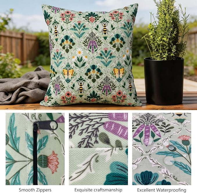 Outdoor Pillow Covers 18x18 Set of 2 Sage Garden Print, Waterproof & UV Resistant Polyester for Patio, Couch, Porch, Spring Botanical Decor