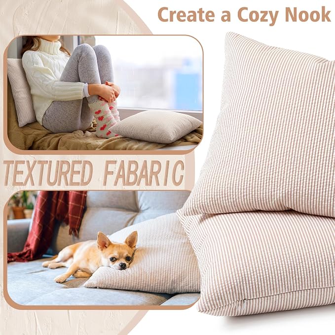 Huhumy Khaki Throw Pillow Cover 18" x 18" for Home Decoration Striped Modern Style Decorative Cushion Covers No Inserts Seersucker Pillow Cover for Living Room, Chair, Bed, Couch, Set of 4