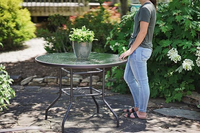Garden Elements Outdoor Patio Furniture, Round Dining Table, Steel Base and Rim with Water-Wave Glass Top, Brown, 40"