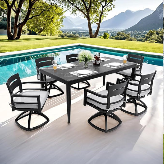 7PC Aluminum Outdoor Patio Dining Set, 71”Rectangular Dining Table with Black Marble Pattern Sintered Stone Top and 6 Cushioned Swivel Rockers, All-Weather Patio Furniture