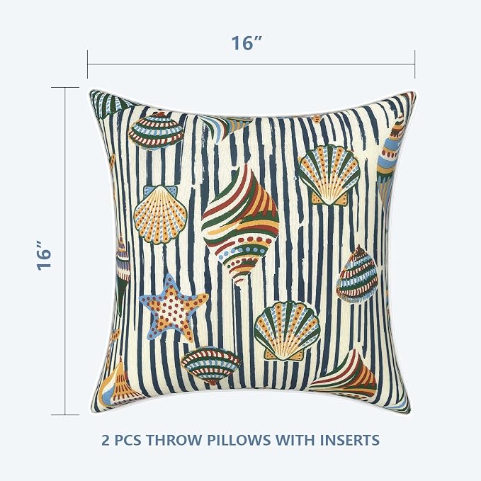 LVTXIII Outdoor Throw Pillows 16x16 Patio Waterproof Square Pillows with Piping Fade Resistant Accent Pillow for Spring Summer Garden Decoration, Set of 2, Crayon Shells