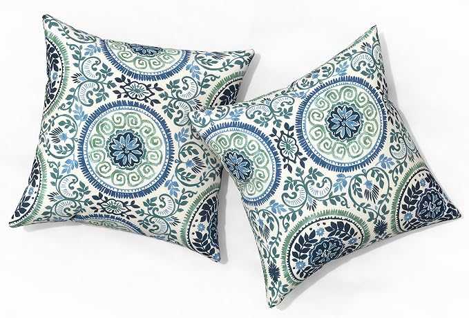 Outdoor Pillows with Insert 18x18 Inch, Waterproof Throw Pillow for Patio Furniture, Decorative Back Cushion for Garden Home Sofa Office Chair, Set of 2, Medallion Blue
