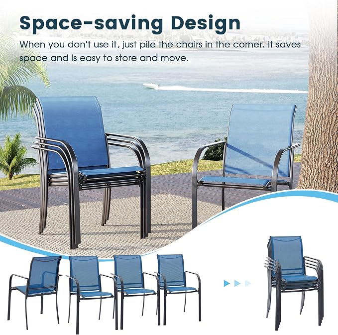 9 Pieces Patio Dining Set, 53" Round Dining Table with Umbrella Hole, 8 Stackable Textilene Fabric Chairs, Metal Structure for Patio, Porch, Garden(Black Table, Blue Chair)