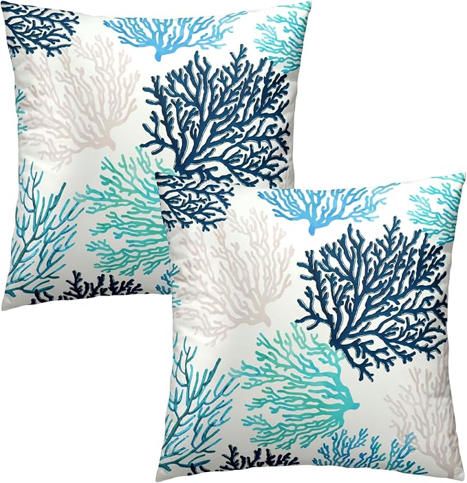 Blue Grey Coral Pillow Covers 16 x 16 Inches Set of 2 Coastal Ocean Marine Life Cotton Linen Pillowcase for Sofa Couch Living Room Outdoor Indoor Home Decor