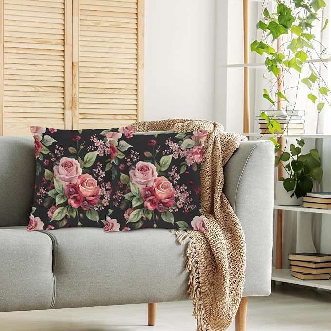Swono Rose Throws Pillows Covers for Couch, Retro Blossom Rose Flowers Decorative Pillow Cases for Men Women, Comfortable Pillow Cushion Cover Pack of 2 18"X18" for Home Sofa Bed, Black Red