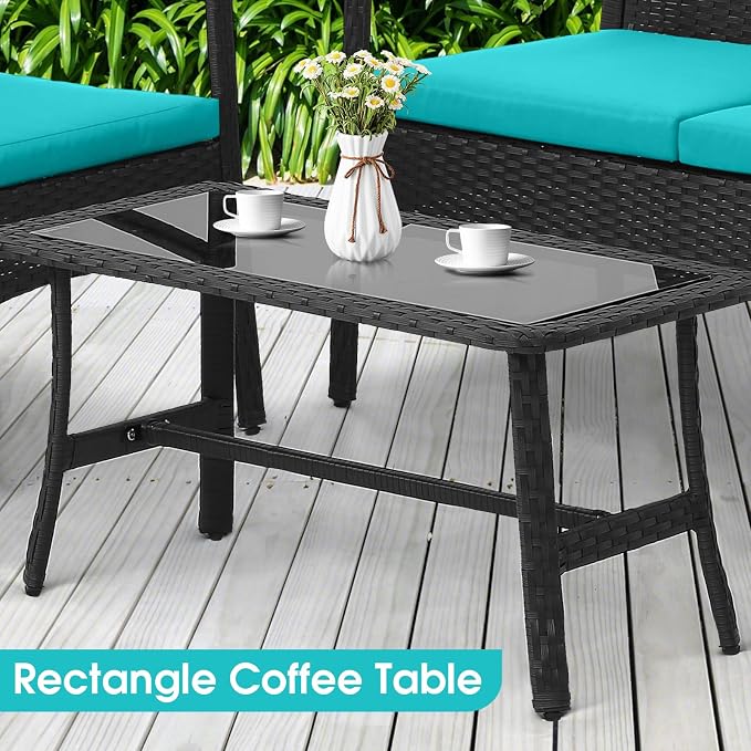 HAPPYGRILL 8 Pieces Patio Wicker Furniture Set PE Wicker Conversation Set, Rattan Sofa Chair with Cushions Tempered Glass Coffee Table, Outdoor Sectional Bistro Set for Poolside Backyard Lawn Garden