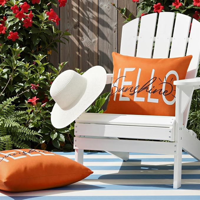 Lewondr Waterproof Outdoor Throw Pillow Cover, 18×18", Orange | 2 Pack, Hello Sunshine Printing, Summer Garden Decor, For Patio Sofa, Balcony Couch, Bench Porch