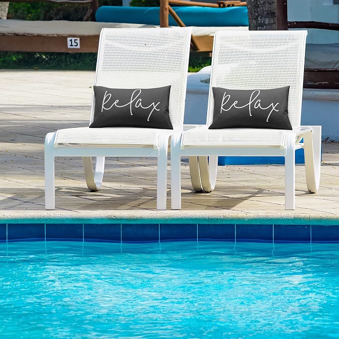 Lewondr Waterproof Outdoor Throw Pillow Cover, 2 Pack, 12"x20", Black | Relax Printing, Summer Garden Decor, For Patio Sofa, Balcony Couch, Bench Porch