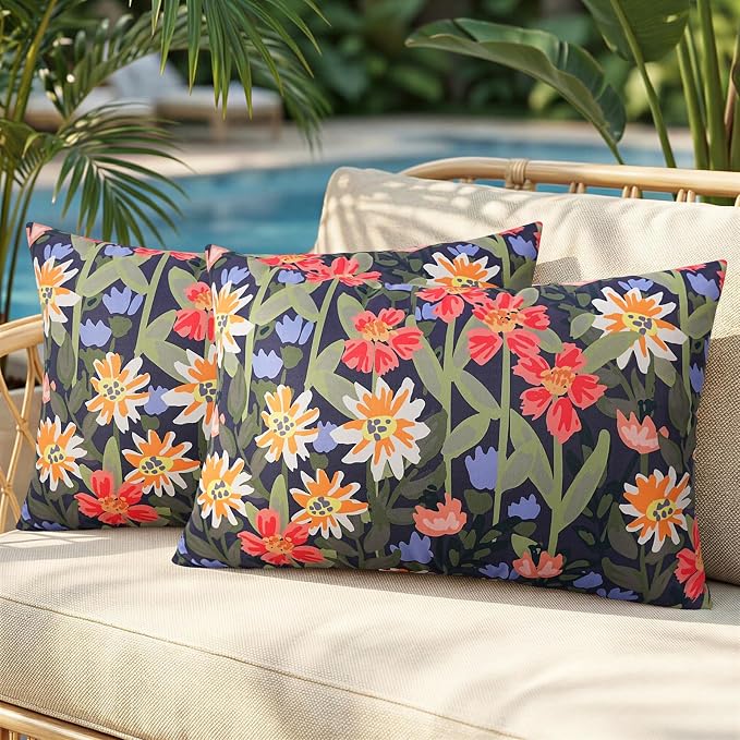 Pyonic Floral Outdoor Lumbar Pillows Covers 12x20 inch Waterproof Spring Summer Decor Outdoor Pillows for Patio Furnture Garden Bench Porch,Black
