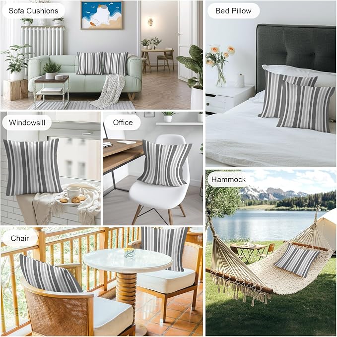 Grey Stripe Outdoor Pillow Covers 20x20 Inch Throw Pillow Covers Set of 2 Waterproof Decorative Pillow Cases Farmhouse Minimalist Striped Cushion Covers for Patio Furniture Garden Couch Sofa