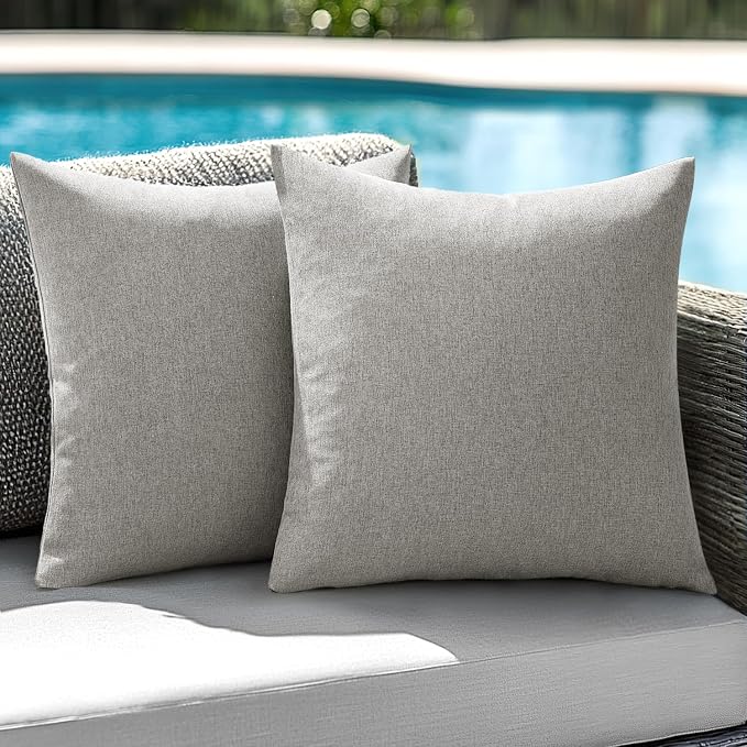 ANRODUO Outdoor Waterproof Pillow Covers for Patio Grey 16x16 Pack of 2 | Outdoor Pillow Covers for Patio Furniture, Decorative Linen Cushion Sham, Outside Square Pillowcase for Garden Balcony Bench