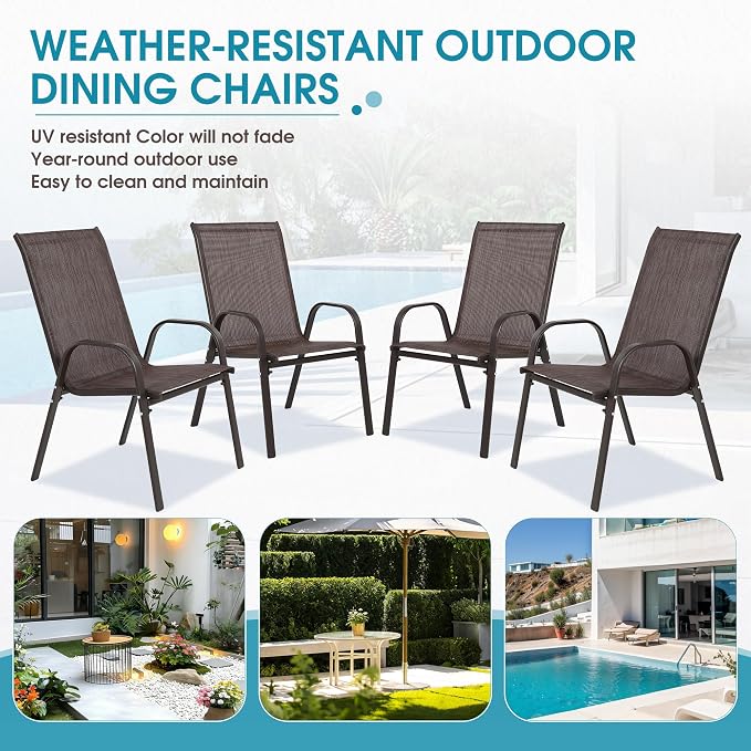 24.4" Wide Outdoor Stackable Chairs Set of 4, Stacking Patio Chairs with Textilene Fabric, Outside Furniture for Garden Backyard Balconie Poolside Deck, Brown