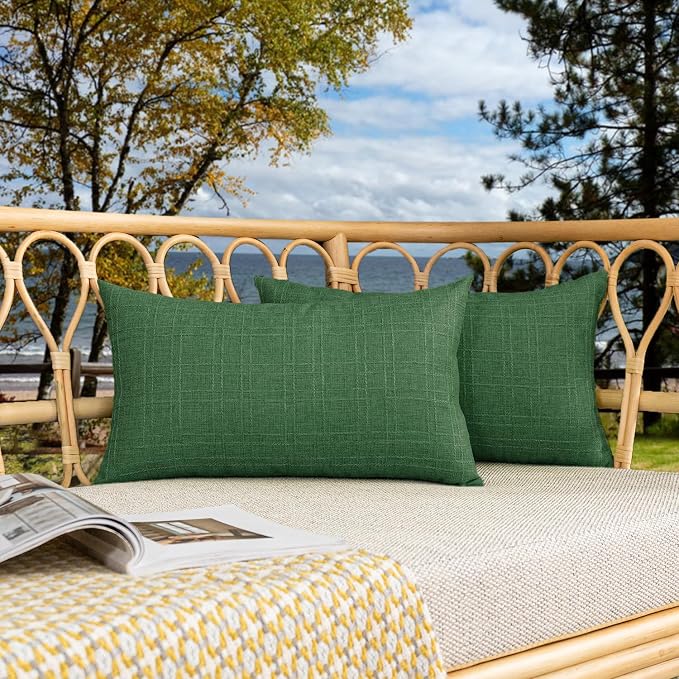 Kevin Textile Outdoor Waterproof 12”x20” Pillow Covers 2 Pack, Dark Green | Water Resistant, Soft Faux Linen-cotton Yarn-dyed Woven Texture Throw Pillow Covers for Tent Patio Garden Couch Sofa