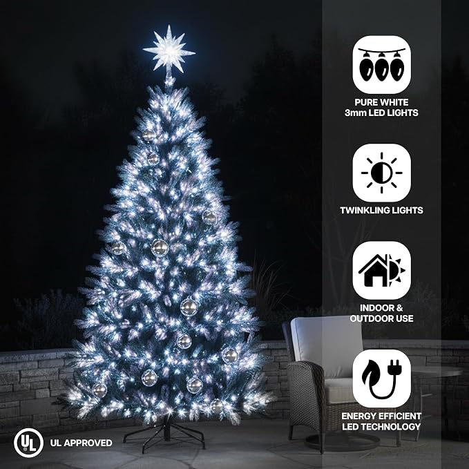 Holiday Bright Lights Rice Lights 36FT, 500 Twinkling LEDs, Connectable Indoor/Outdoor Decorative String Lighting, Pure White Glow