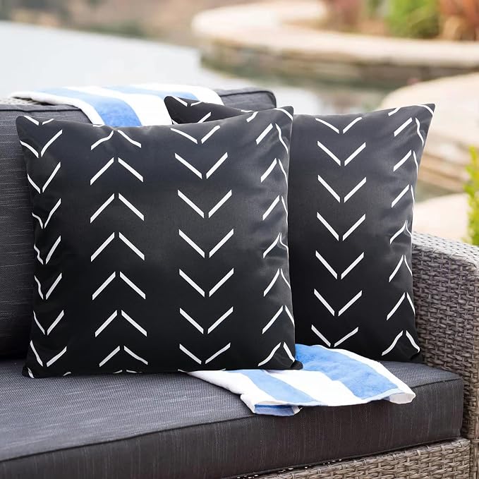 Adabana Geometric Waterproof Outdoor Pillow Covers 18x18 Black and White | Set of 2 Waterproof Design for Patio, Porch, Garden and Beach Decor