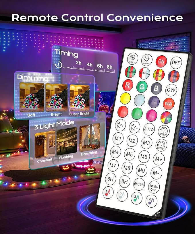Smart 33ft 66 LED Christmas Halloween Fairy String Lights | App & remote DIY color changing orange, purple & RGB twinkle glow; ideal for indoor or outdoor whole house holiday decor.