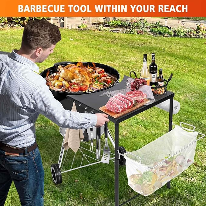 Grill Side Table for Weber Kettle 22/26, for Weber Smokey Mountain 22 Grill, Grill Work Table for Weber Master Touch, Premium, Kettle Grill Accessories, Adjustable Height Charcoal Kettle Grill Table