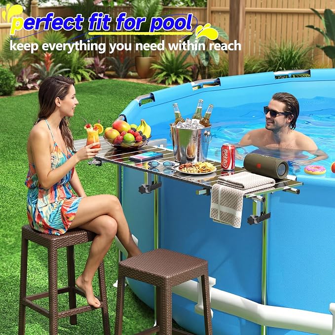 FUQUN Above Ground Pool Bar, 47" x 11.7" Heavy-Duty Mirrored Silver Poolside Table, Stainless Steel Frame & Tabletop, Fits 2-4" Top Rails & 22.8-48.4" Leg Spacing, for Round & Oval Frame Pools