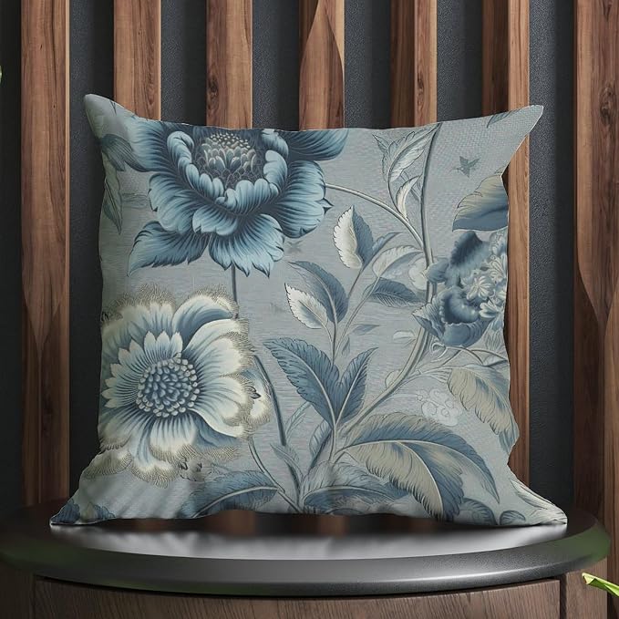 Spa On Flax Blue Chinoiserie Pillowcase Blue Grey Asian Flower Throw Pillow Cover Retro Outdoor Waterproof Decorative Pillow Cover for Patio Garden Couch Tent 26x26 in