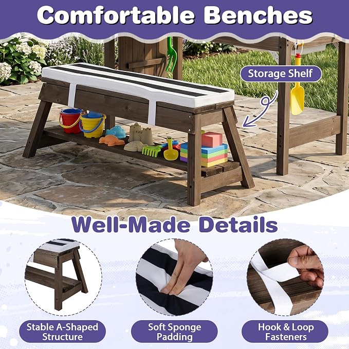 HONEY JOY Kids Picnic Table, 4 in 1 Fir Wood Toddler Sand & Water Table w/Removable Box & Umbrella, Waterproof Cover, Garden Tools, Children Outdoor Table and Bench Set with Cushions (Blue)