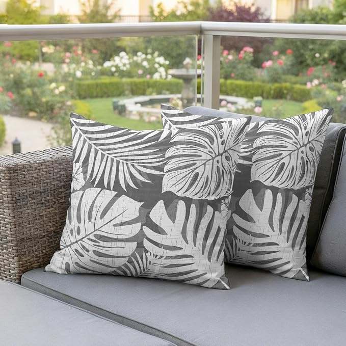 Grey Palm Leaves Outdoor Pillow Covers 16"x16" Set of 2, Tropical Botanical Modern Minimalist Waterproof Throw Pillow Covers for Patio Furniture, Decorative Cushion Covers for Porch