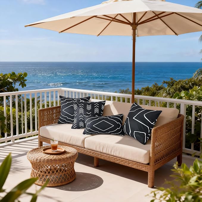 Waterproof Geometric Outdoor Pillow Covers 18x18 Inch Set of 2 | Black and White Geometric Throw Pillow Covers, Modern Decorative Cushion Cases for Patio Garden Porch Balcony Couch Sofa