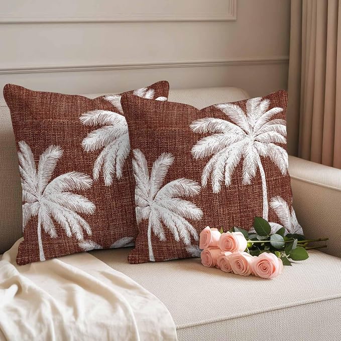 Outdoor Pillow Covers 20x20 Inch Set of 2, Brown Palm Trees Waterproof Throw Pillow Covers, Farmhouse Tropical Summer Beach Decorative Cushion Pillowcases for Couch, Sofa, Bed, Garden, Patio
