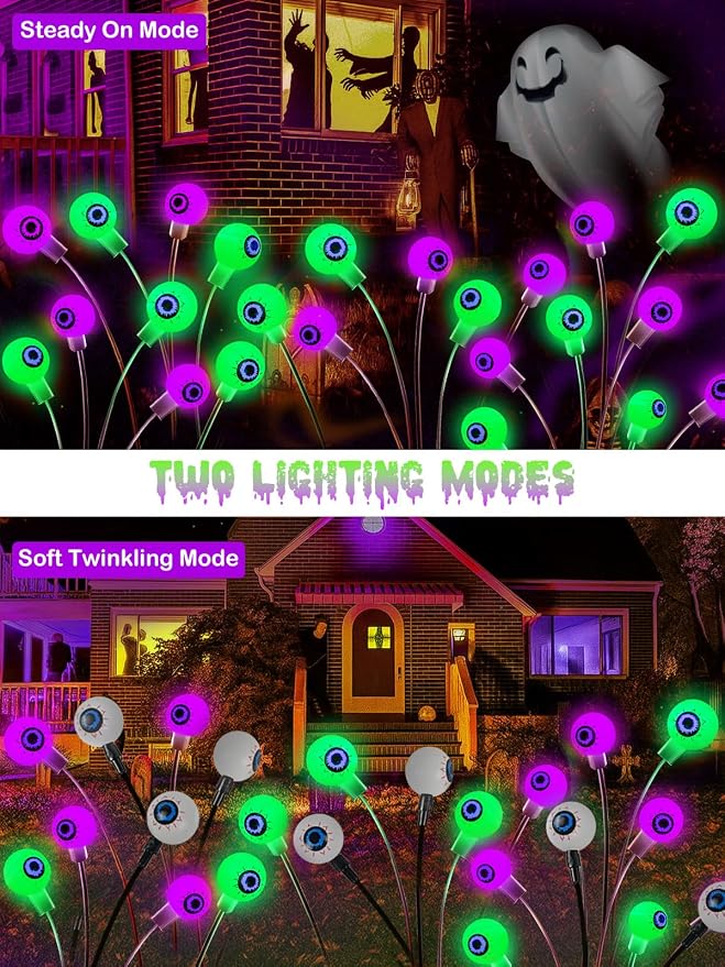 6 Pack Solar Halloween Decorations Outdoor 36 LED Solar Eyeball Lights | Purple and Green Halloween Lights, Sway by Wind, IP65 Waterproof, 2 Modes, for Pathway Garden Yard Lawn Horror Party Decor