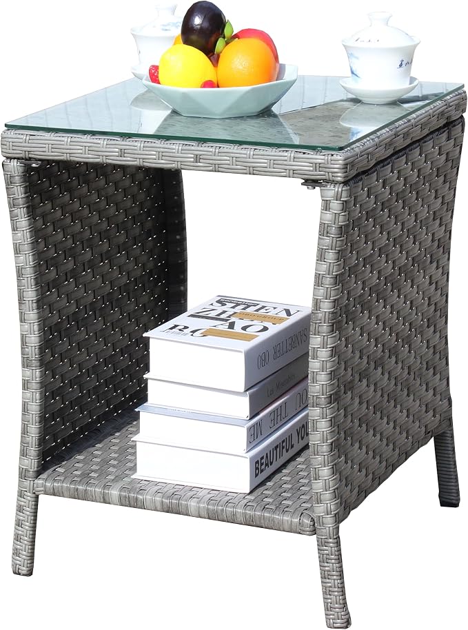 IRONORA Outdoor Wicker Side Table Patio Side Tables for Outside, Tempered Glass Top Wicker Table with Storage End Table for Balcony Porch Deck