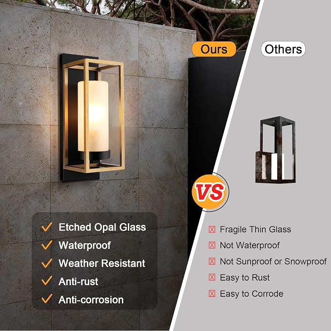ALVIME Black and Gold Wall Sconce, Modern Outdoor Wall Lights, Hardwired Exterior Porch Light Fixtures, Waterproof Front Door Lighting with E26 Base for House Garage Patio