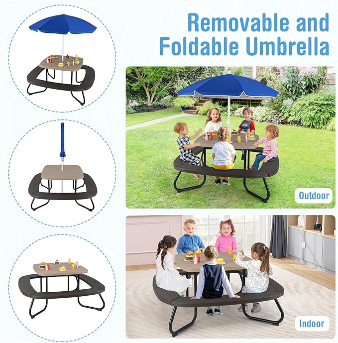 HONEY JOY Kids Picnic Table, 8 Person Toddler Outdoor Table and Chair Set, 4 Built-in Benches, Removable Umbrella, Metal Frame & HDPE Top, Children Outdoor Furniture for Backyard Patio Garden (Coffee)