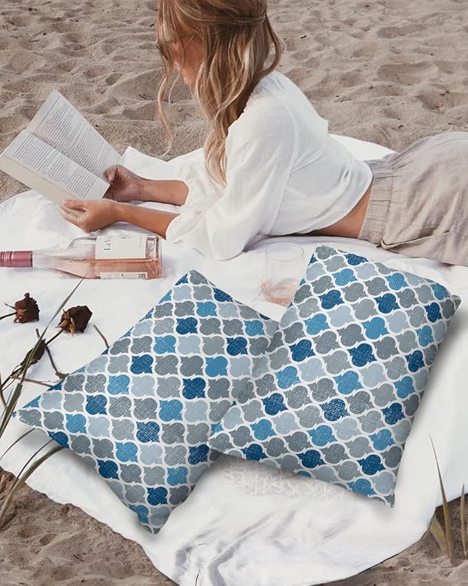 Morocco Outdoor Pillow Shams Set of 2, Decorative Pillowcases Cushion Case, Soft Throw Pillow Covers Waterproof Pillow Case 20x12 Inch, Blue Grey Geometry Retro