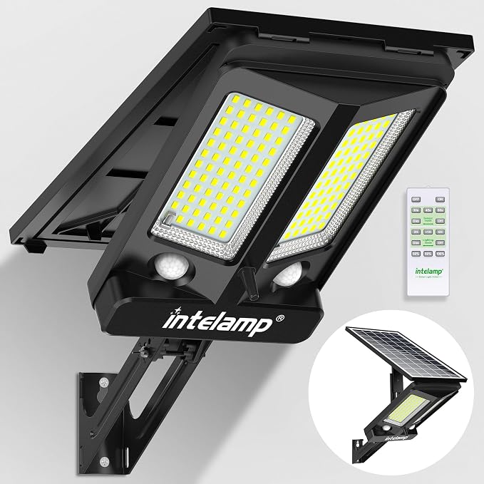Solar Street Lights Outdoor Waterproof 3000LM 12500mAh Dual Sensor | Security Flood Light with Remote, PIR Motion Sensor, Dusk to Dawn Linkable Streetlight for Driveway, Parking Lot & Yard