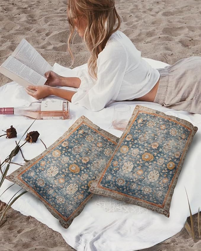 Outdoor Waterproof Pillow Covers Set of 2, Meddle Century Vintage Flowers Mural Pattern Patio Throw Pillow Covers, Decorative Cushion Case for Couch Sofa Furniture Garden, 20x12 Inch