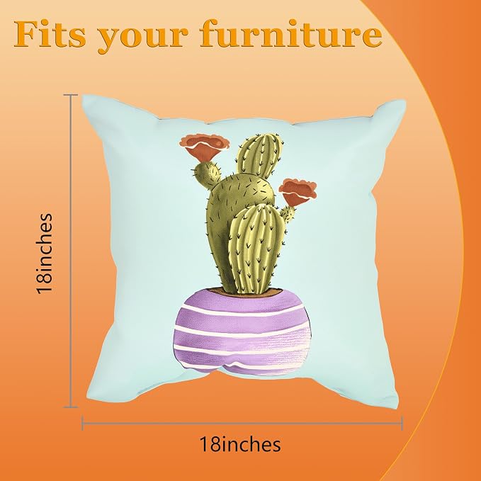 18" Outdoor Throw Pillows Set of 4, Waterproof&Fade Resistant Patio Furniture Pillows with Built-in Inserts, All-in-One Light Blue Cactus Print Design for Sofa, Patio or Backyard Relaxation