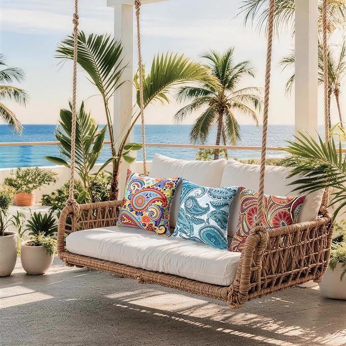 2 Pack Waterproof Outdoor Pillows, 18x18 Outdoor Throw Pillows | Patio Furniture Pillows, Fluffy Decorative Pillows, Waterproof &Fade Resistant, Removable & Washable, Paisley Colorful