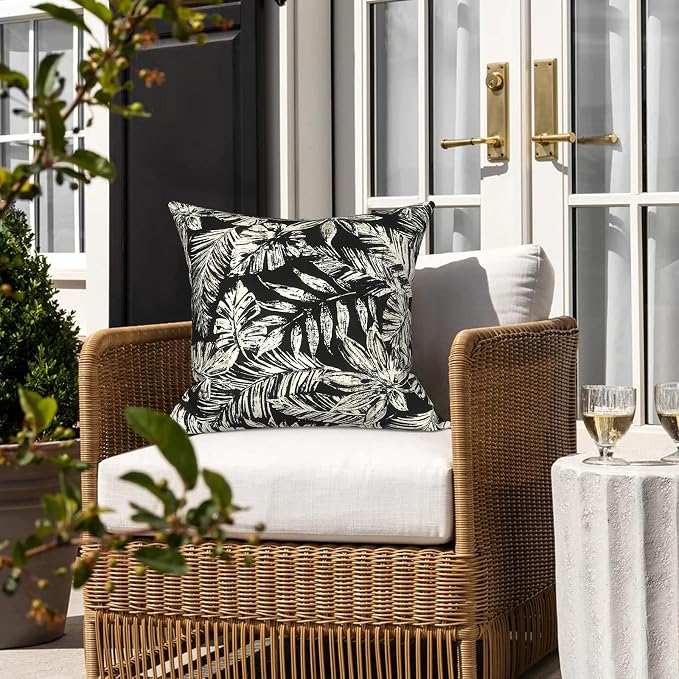 LVTXIII 2 Pack Outdoor Pillows 18x18 Inch, Square Throw Pillows with Inserts, Decorative Water-Repellent Pillow Cushions for Patio Furniture and Garden Sofa, Tropical Leaf Black