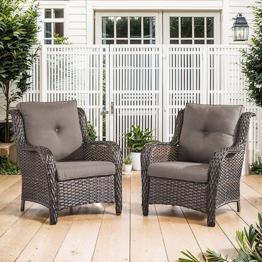 Belord High Back Patio Chairs Set of 2 - Brown Wicker Chairs Outdoor Seating, 4" Wide Armrests Rattan Outdoor Club Chair with Grey Removable Cushion for Deck Porch Backyard