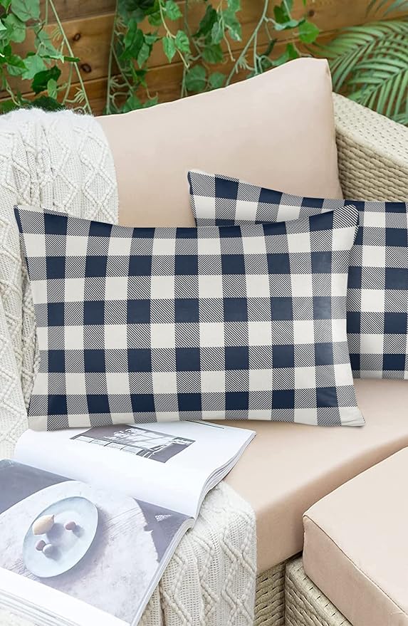 Outdoor Waterproof Throw Pillow Covers Set of 2 Buffalo Plaid Dark Blue Check Lumbar Pillowcases 20x12 Inches Farmhouse Style Patio Decorative Pillows Cushion Case Patio Pillows for Couch Bed Garden