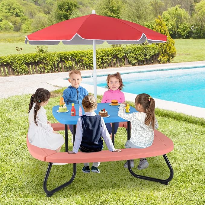 HONEY JOY Kids Picnic Table, 8 Person Toddler Outdoor Table and Chair Set, 4 Built-in Benches, Removable Umbrella, Metal Frame & HDPE Top, Children Outdoor Furniture for Backyard Patio Garden (Red)