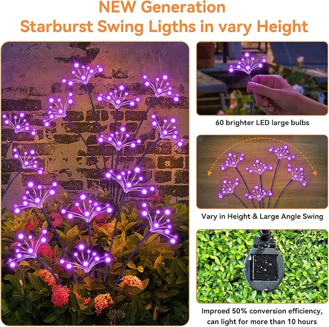 Solar Garden Lights 2 Pack Waterproof Solar Swaying Starburst Light Outdoor Lights for Yard Patio Walkway Pathway Party Wedding Christmas Decoration, Purple