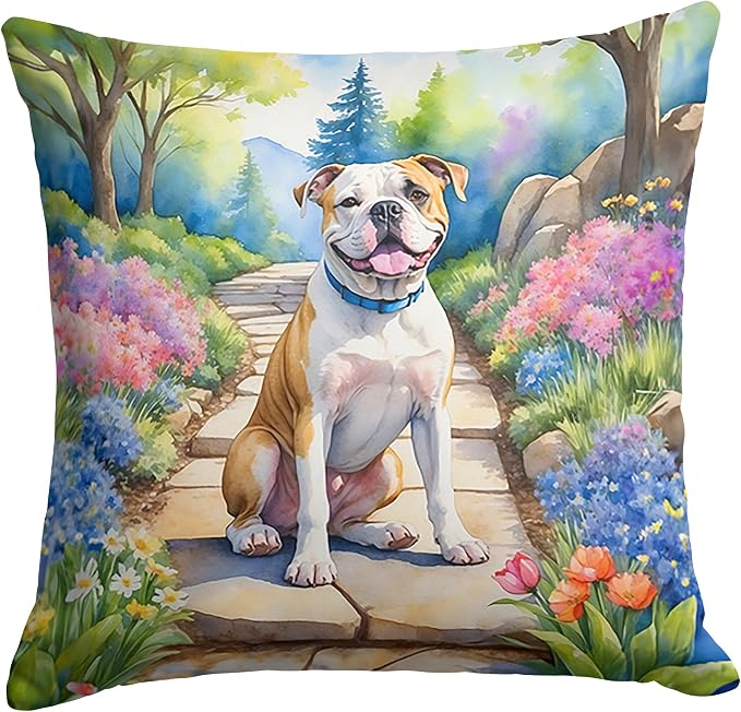 Caroline's Treasures American Bulldog Spring Garden Throw Pillow Machine Washable, Indoor Outdoor Decorative Pillow for Couch, Bed or Patio, 14Hx14W