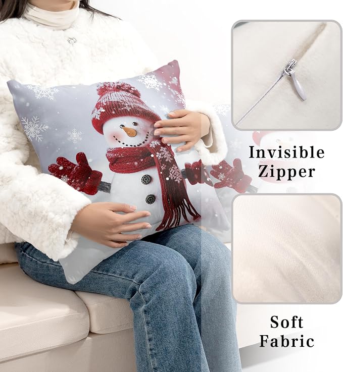 Christmas Winter Holiday Throw Pillow Covers Snowman Pillow Covers 18X18 Set of 2 Red Snowman with Snowflake Cushion Case for Couch Living Room Bedroom Sofa