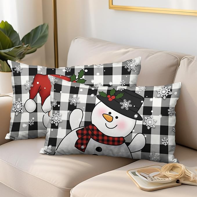Christmas Santa Lumbar Pillow Covers 12x20 Set of 2 Snowman and Xmas Santa Rectangle Cushion Case Christmas Black Buffalo Plaid Waist Throw Pillowcases for Living Room Bedroom Sofa