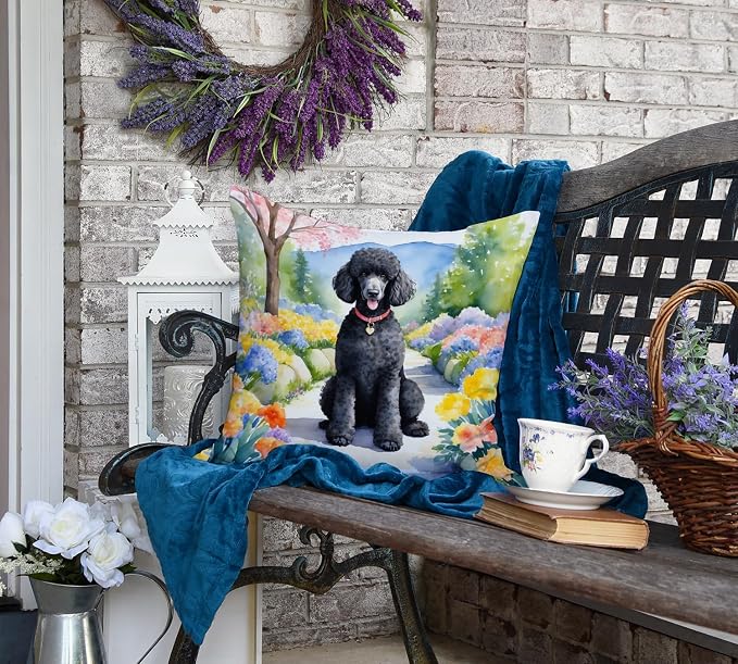 Caroline's Treasures Black Poodle Spring Path Throw Pillow Machine Washable, Indoor Outdoor Decorative Pillow for Couch, Bed or Patio, 18Hx18W